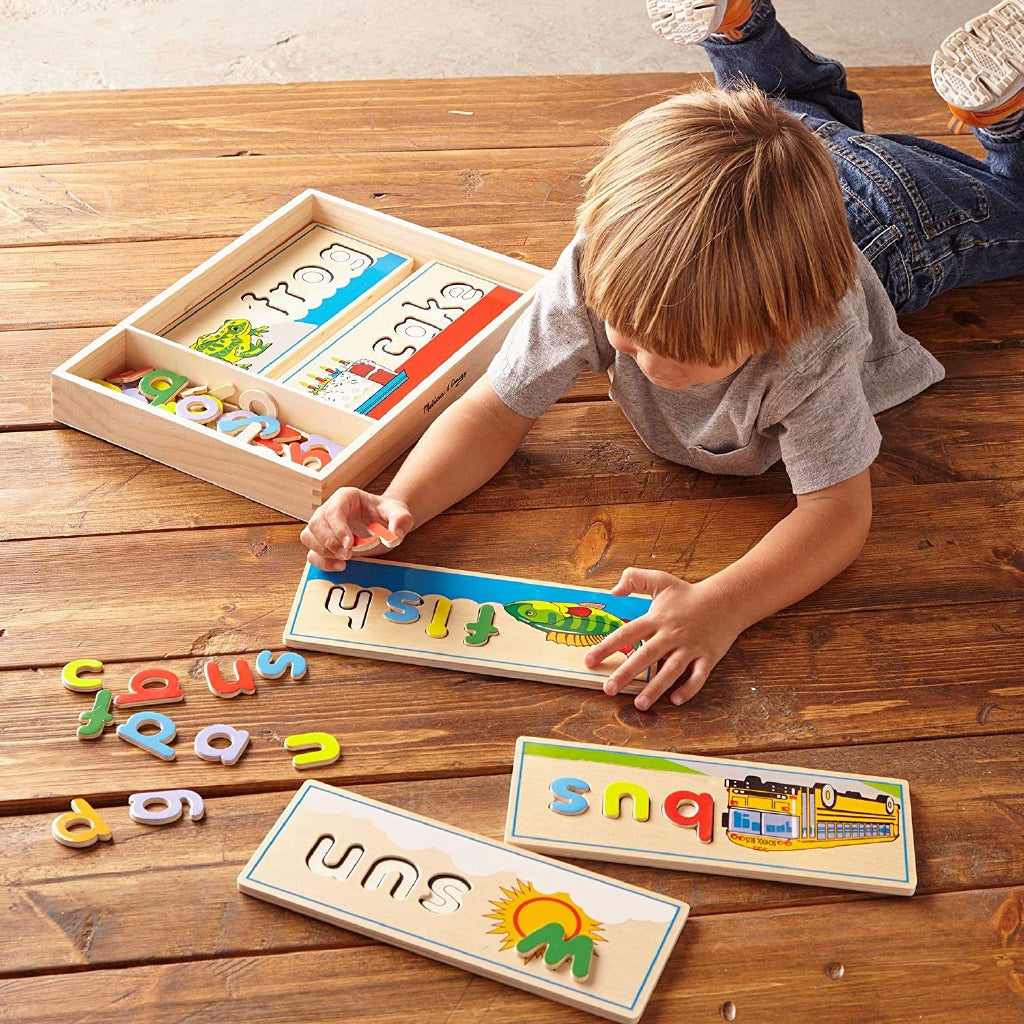 Melissa and Doug See & Spell Wooden Educational Toy With 8 Double-Sided Spelling Boards and 50+ Letters