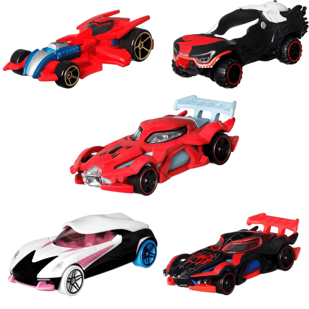 Hot Wheels Toy Cars 5-Pack, Set of 5 DC Character Or Marvel SpiderMan Cars in 1:64 Scale