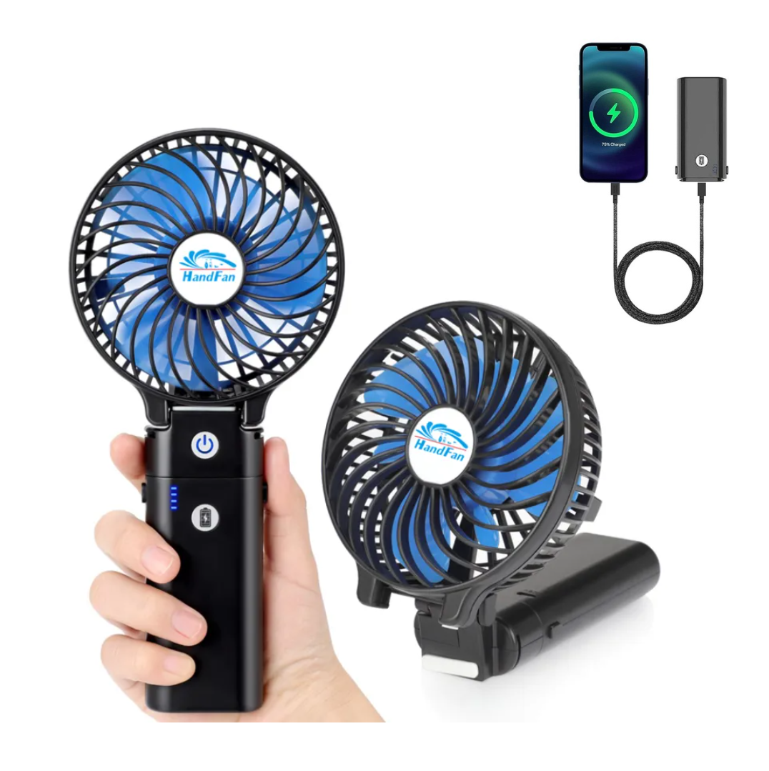 Portable HandFan, powerbank 5200mah, 3 Speed control, Strong Wind, Up to 17 hours 2-in-1 Portable Fan