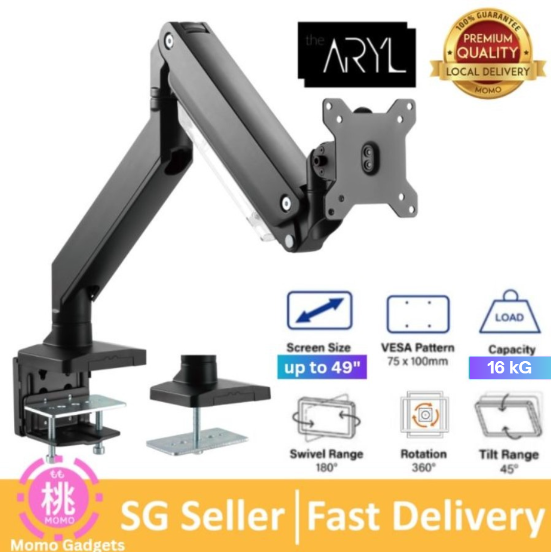 the Aryl Gas Spring Monitor Desk Mount, Full Motion Swivel Monitor Arm, VESA Stand with C Clamp & Grommet
