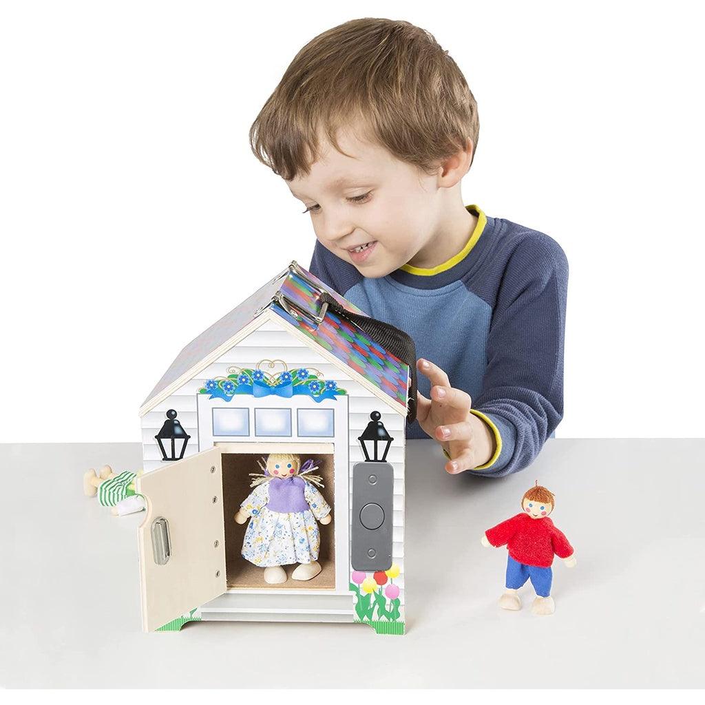 Melissa & Doug Take-Along Wooden Doorbell Dollhouse - Doorbell Sounds, Keys, 4 Poseable Wooden Dolls - Momo Gadgets
