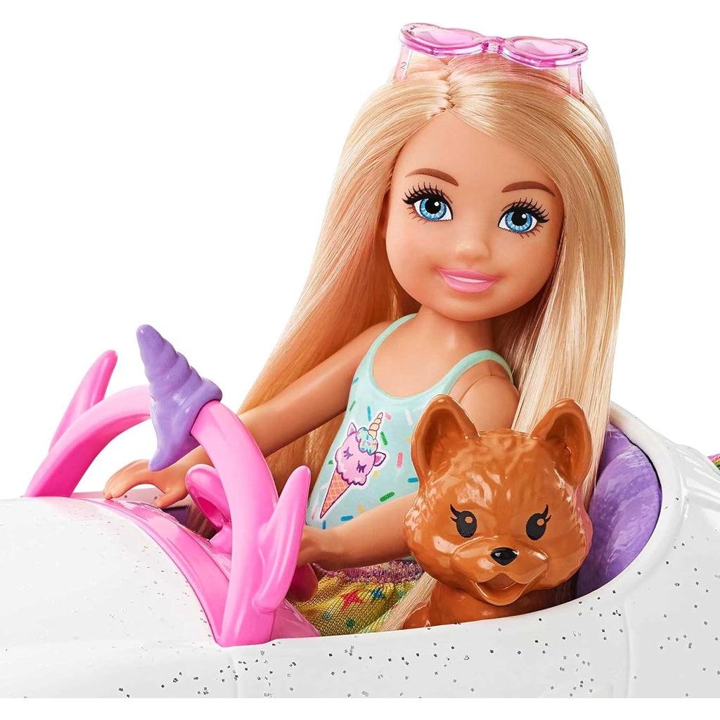 Barbie Chelsea Doll & Unicorn Toy Car, Blonde Small Doll in Removable Skirt, Pet Puppy - Momo Gadgets