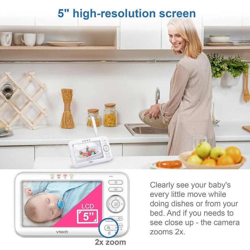 VTech Baby Monitor 5" Screen with 2 Cameras, Pan-Tilt- Zoom, Night Light, Glow On The Ceiling Projector, Two-Way Talk
