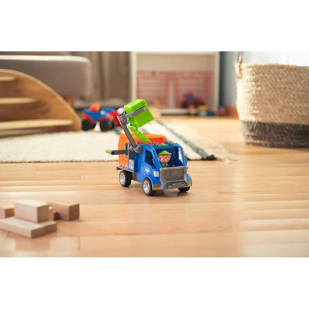 Blippi Recycling Truck - Includes Character Figure, Working Lever, 2 Trash Cubes, 2 Recycling Bins