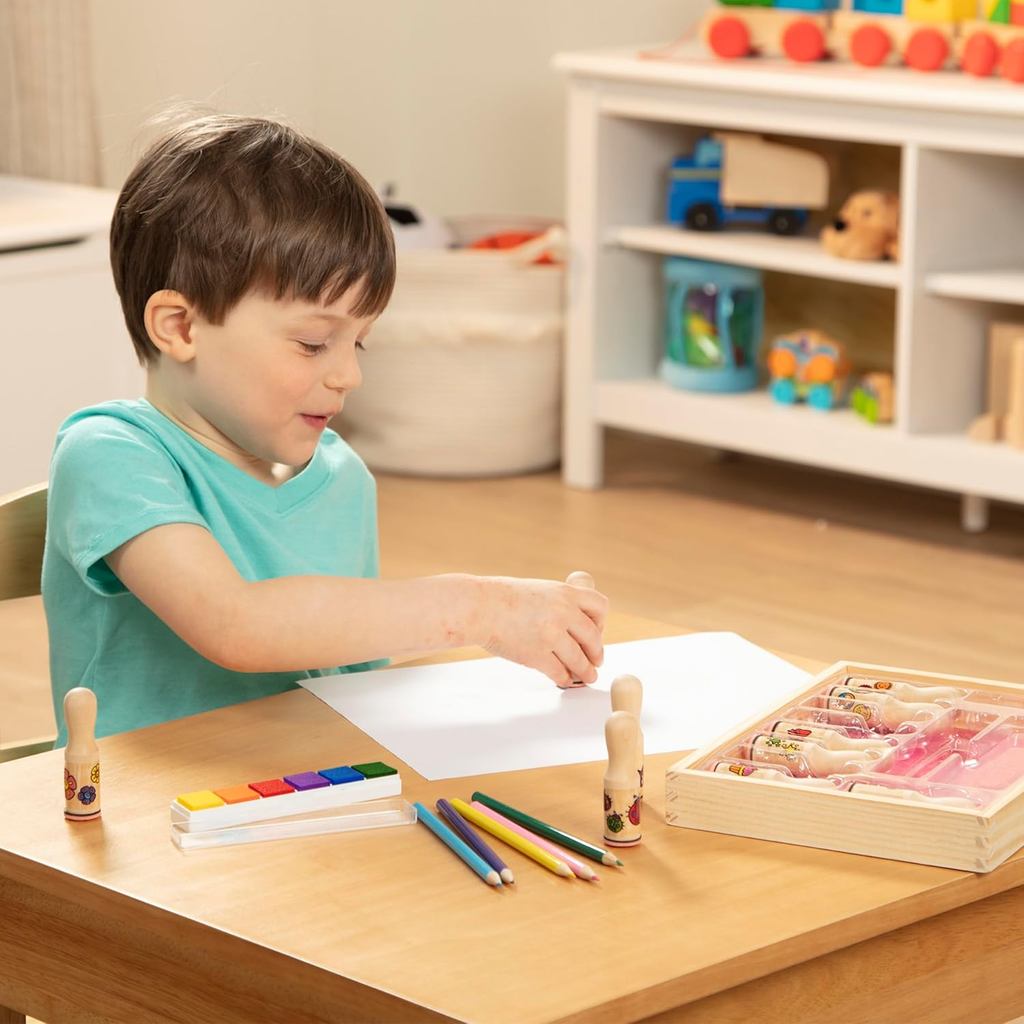 Melissa & Doug Deluxe Happy Handle Stamp Set with 10 Stamps, 5 Colored Pencils, and 6-Color Washable Ink Pad