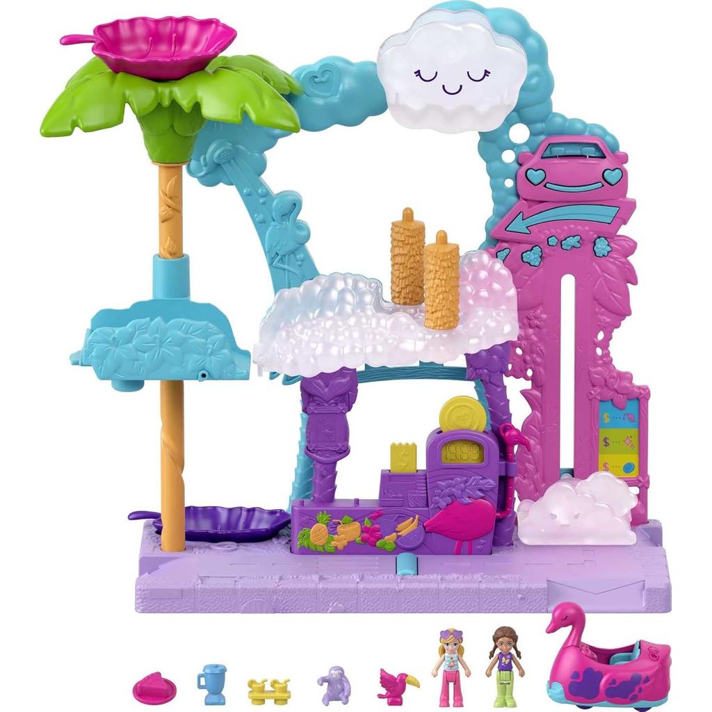 Polly Pocket Playset,Pollyville Flamingo Fun Car Wash with 2 Micro Dolls, Toy Car, Water Play & Color-Change Accessories
