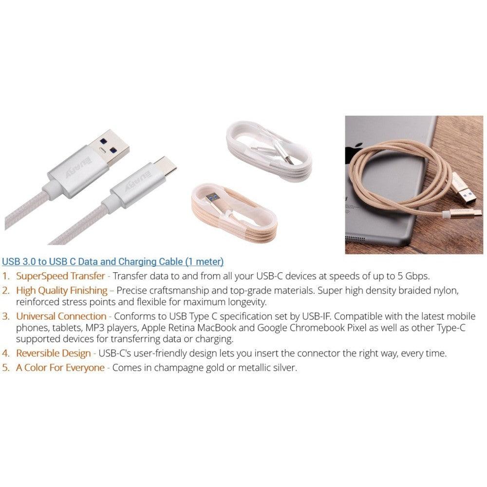 USB C to USB 3.0 Data and Charging Cable, Nylon Braided, 1 meter (Gold) - Momo Gadgets