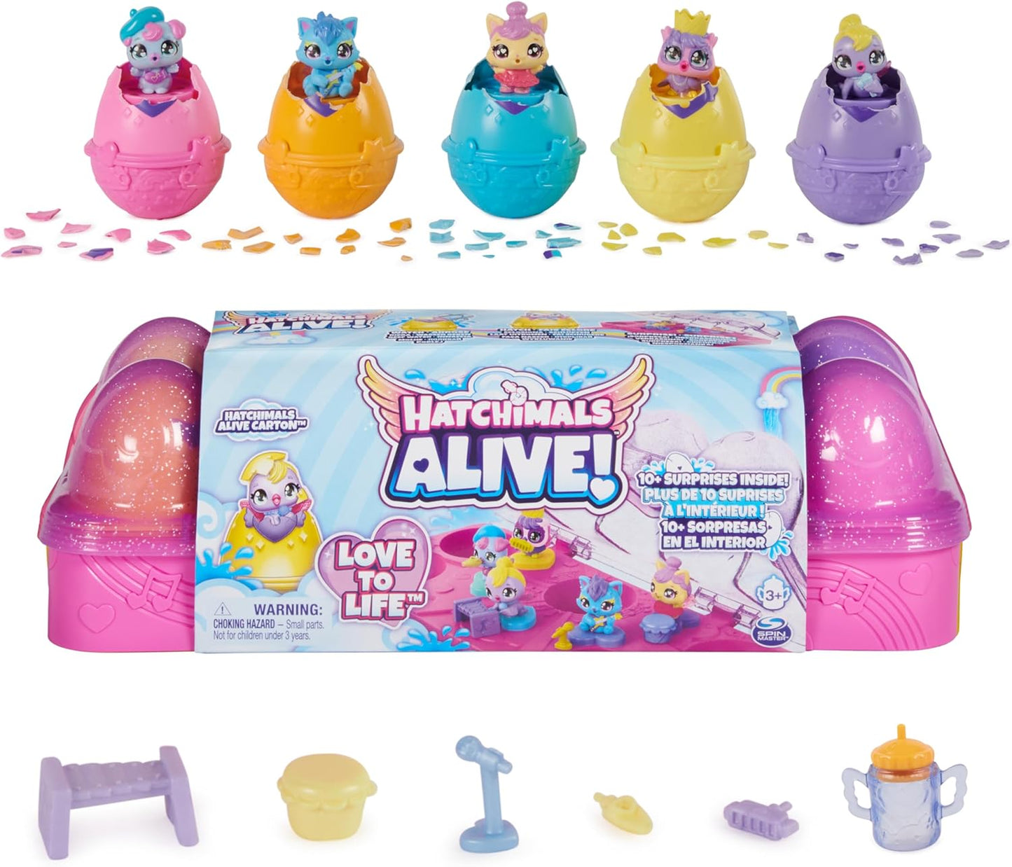 Hatchimals Alive, Egg Carton Toy with 5 Mini Figures in Self-Hatching Eggs, 11 Accessories/10 Accessories