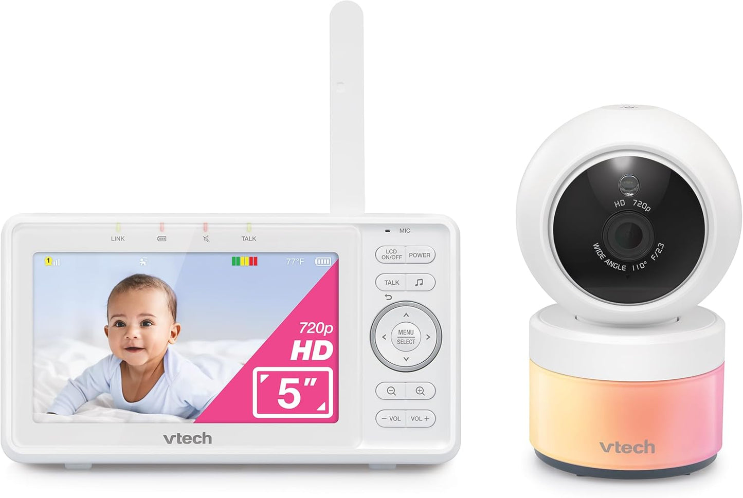 VTech Baby Monitor 5" Screen with 2 Cameras, Pan-Tilt- Zoom, Night Light, Glow On The Ceiling Projector, Two-Way Talk