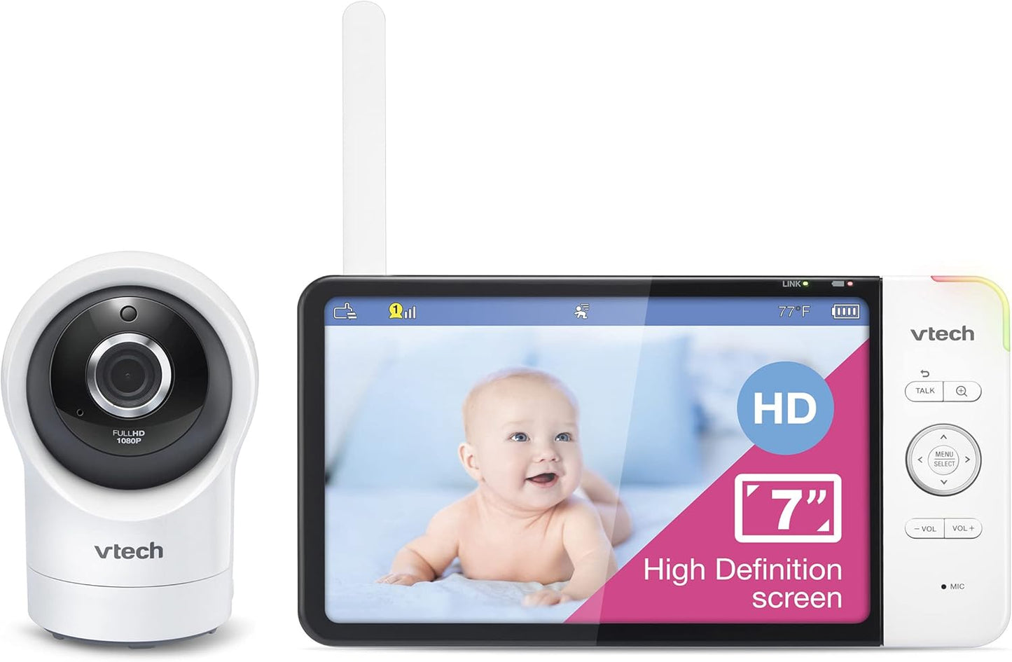 VTech Upgraded Smart WiFi Baby Monitor 720p Display, 1080p Camera, HD NightVision, Fully Remote Pan Tilt Zoom, 2-Way Talk, Free Smart Phone App, Works with iOS, Android