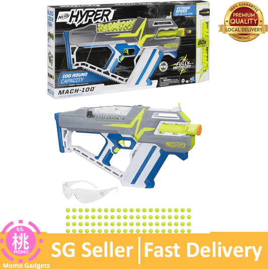 Nerf Hyper Mach-100 Fully Motorized Blaster, 80 Hyper Rounds, Eyewear, Up to 110 FPS Velocity, Easy Reload, Holds Up to 100 Rounds