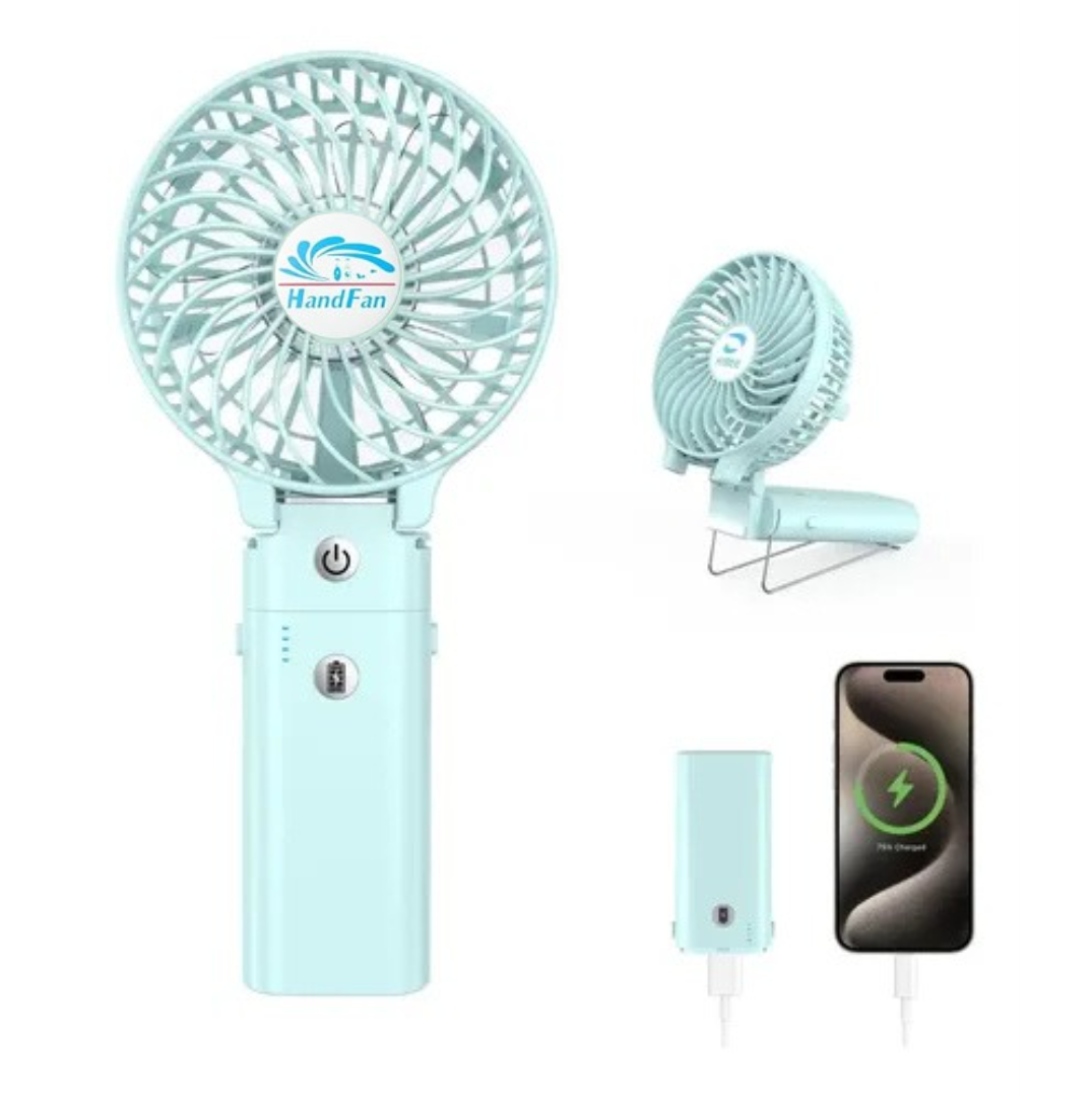 Portable HandFan, powerbank 5200mah, 3 Speed control, Strong Wind, Up to 17 hours 2-in-1 Portable Fan