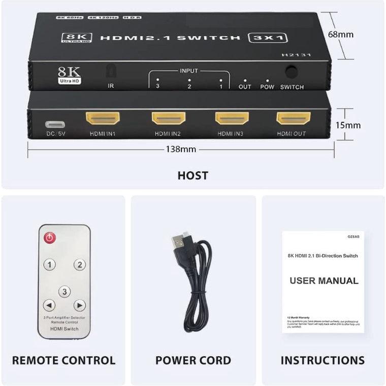3 in 1 Out HDMI 2.1 Switch 8K@60Hz, 4K@120Hz HDMI Switcher 3 Port, 8K HDMI  Auto Switch 3x1 Selector with IR Remote for Xbox,PS5,PS4,UHD TV, Support  48Gbps, HDCP 2.3,HDR 10+, 1080P@240Hz 