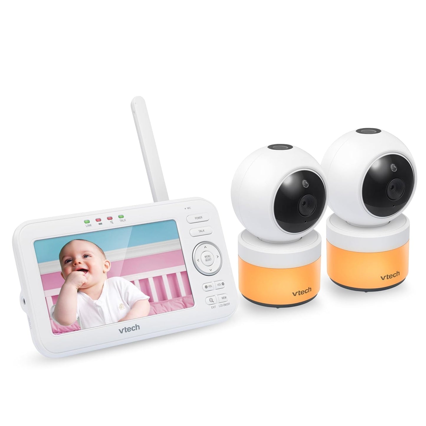 VTech Baby Monitor 5" Screen with 2 Cameras, Pan-Tilt- Zoom, Night Light, Glow On The Ceiling Projector, Two-Way Talk