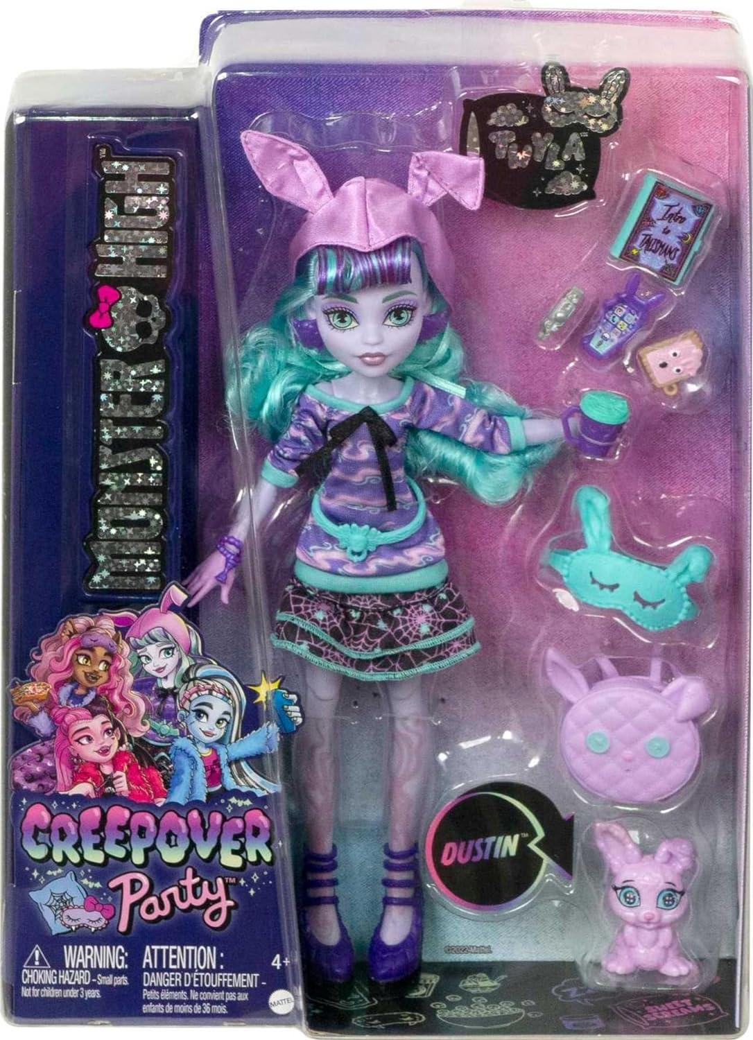 Monster High Creepover Party Doll, Twyla with Pet Bunny Dustin, Sleepover Clothes&Accessories like Hoodie, Book&Backpack