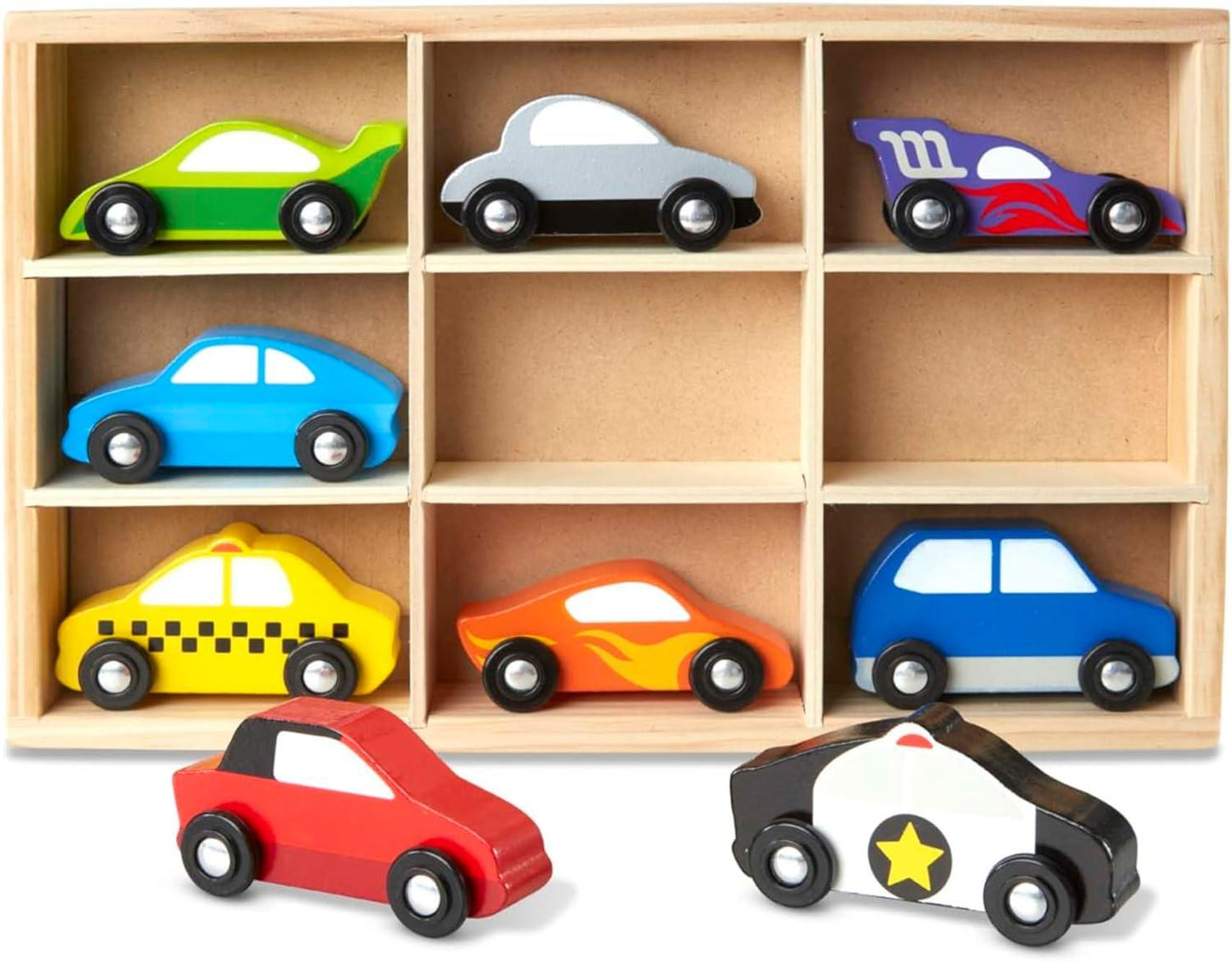 Melissa and Doug Wooden Train Cars (8 pcs) / Town Vehicles Set (9 pcs) in Wooden Tray