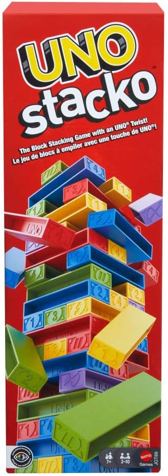 Mattel Games UNO Stacko Game for Kids & Family with 45 Colored Stacking Blocks & Loading Tray, Build & Play, Nights & Parties