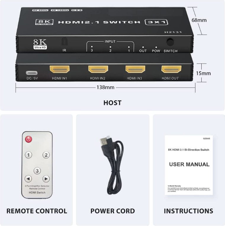 3-Port HDMI Switcher 4K 120Hz, HDMI 2.1 Switch 3 in 1 Out / 4 in 1 Out / 4 in 2 Out