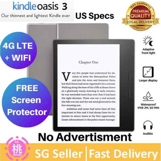 Kindle Oasis 3 - Free 4G LTE + WIFI, No Advertisment, 32GB, FREE Screen Protector, (10th Gen) with adjustable warm light