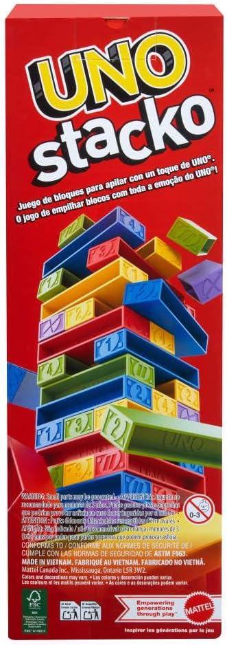 Mattel Games UNO Stacko Game for Kids & Family with 45 Colored Stacking Blocks & Loading Tray, Build & Play, Nights & Parties