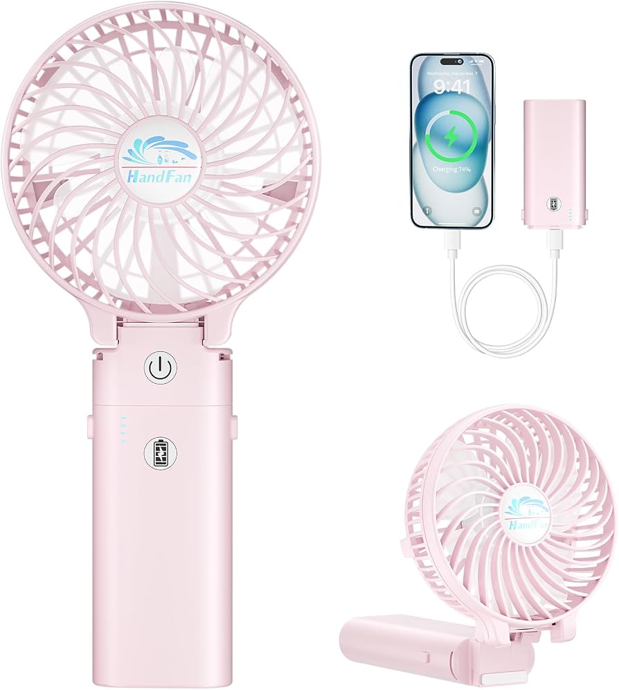 Portable HandFan, powerbank 5200mah, 3 Speed control, Strong Wind, Up to 17 hours 2-in-1 Portable Fan