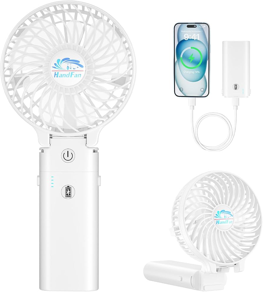 Portable HandFan, powerbank 5200mah, 3 Speed control, Strong Wind, Up to 17 hours 2-in-1 Portable Fan