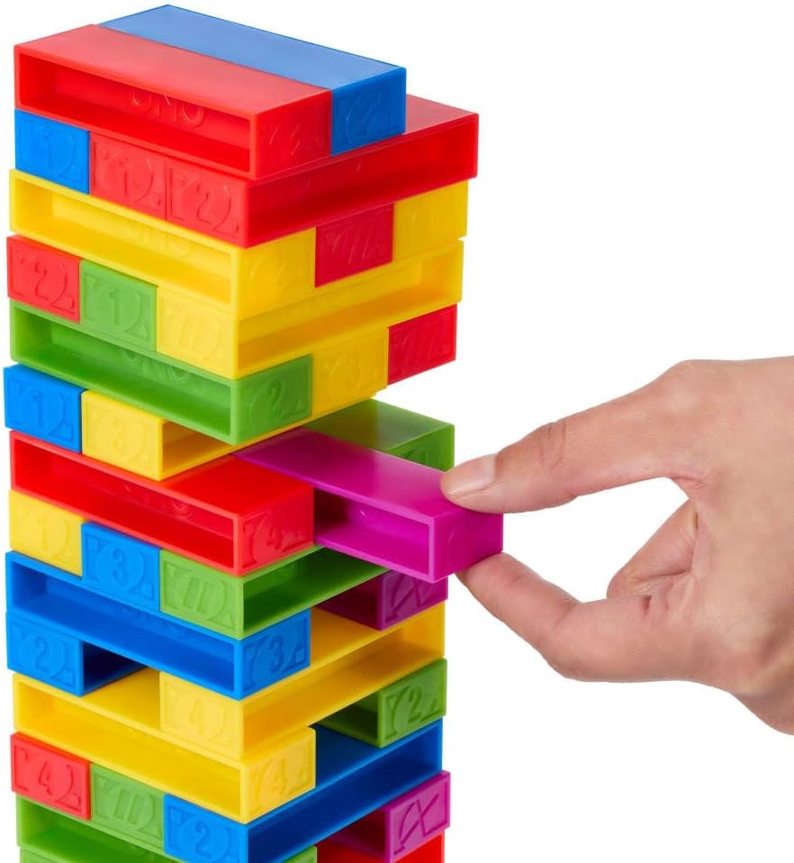 Mattel Games UNO Stacko Game for Kids & Family with 45 Colored Stacking Blocks & Loading Tray, Build & Play, Nights & Parties