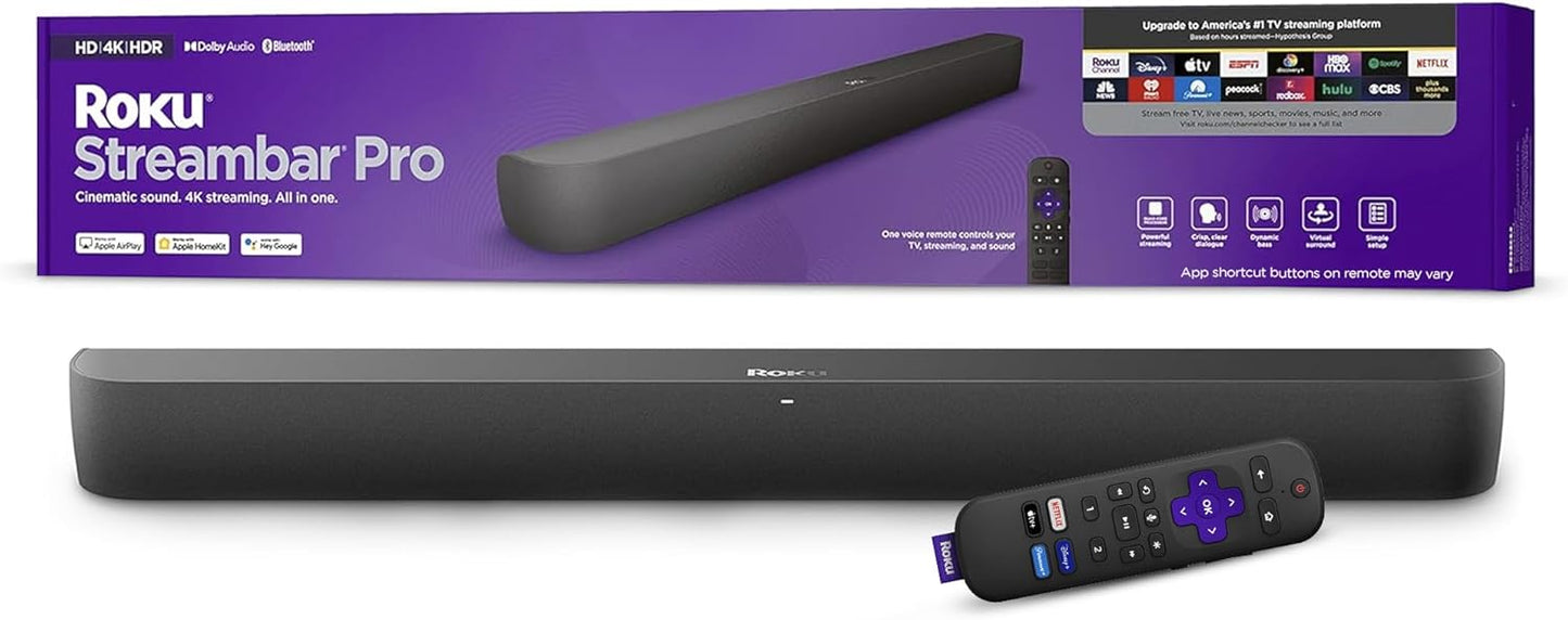 Roku Streambar Pro|4K HDR Streaming Device & Cinematic Roku Soundbar All In One, Roku Voice Remote, Free & Live TV,Black