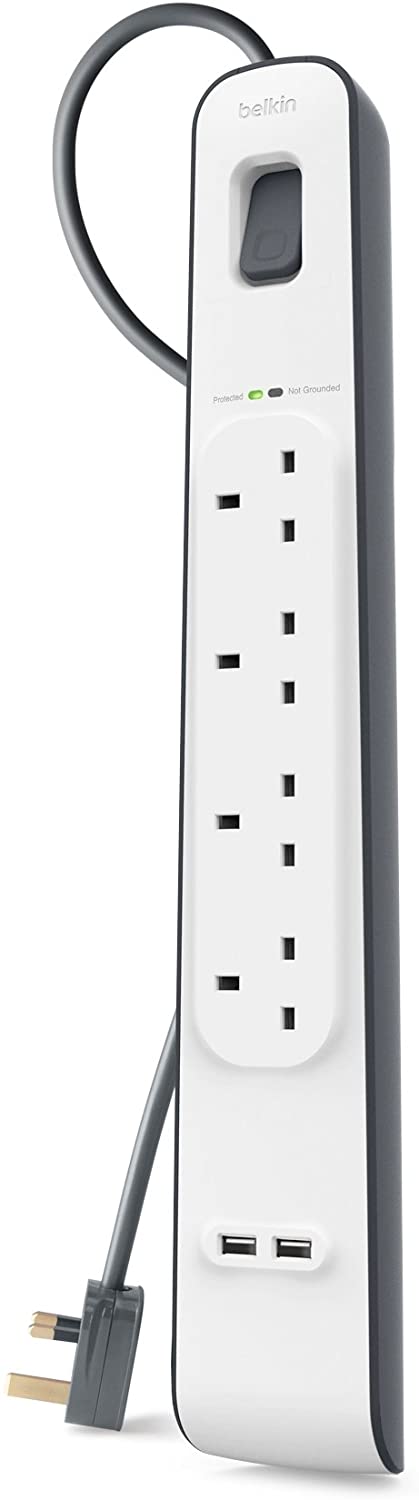 Belkin Surge Protection Extension Lead Strip with 2 x 2.4 A Shared USB Charging Port, Surge Protector