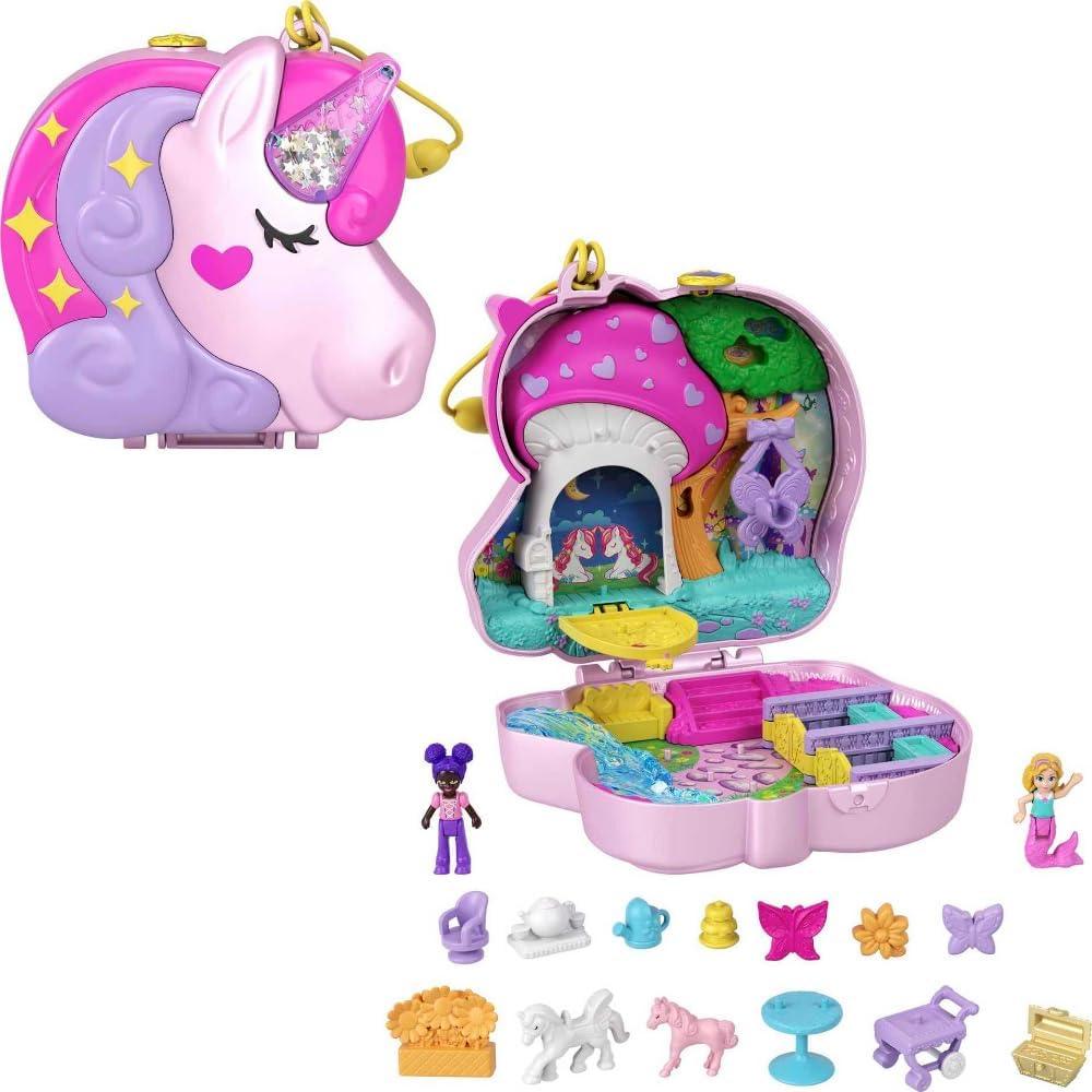 Polly Pocket 2-in-1 Travel Toy Playset, Unicorn Toy with 2 Dolls & 25 Surprise Accessories