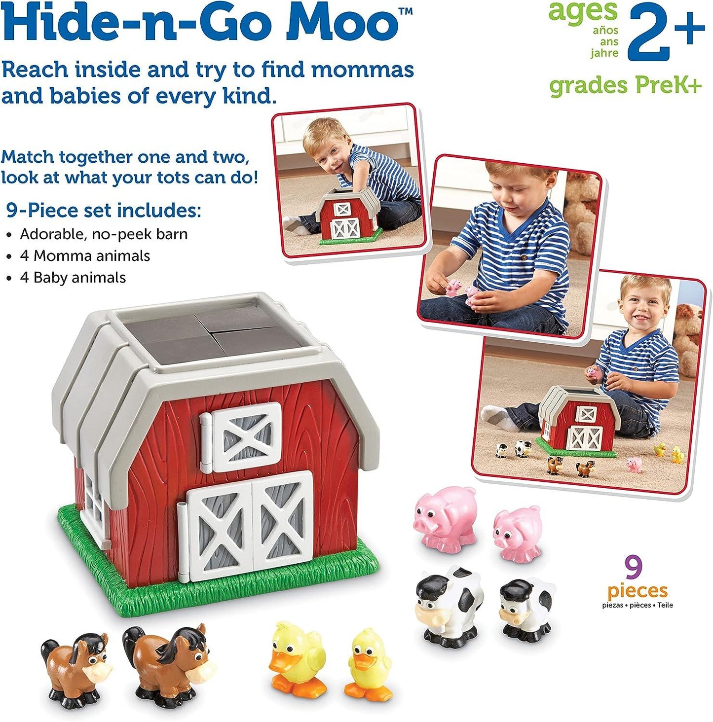 Learning Resources Hide-N-Go Moo, Farm Animal Toy, Barn Toys for Toddlers, 9 Pieces
