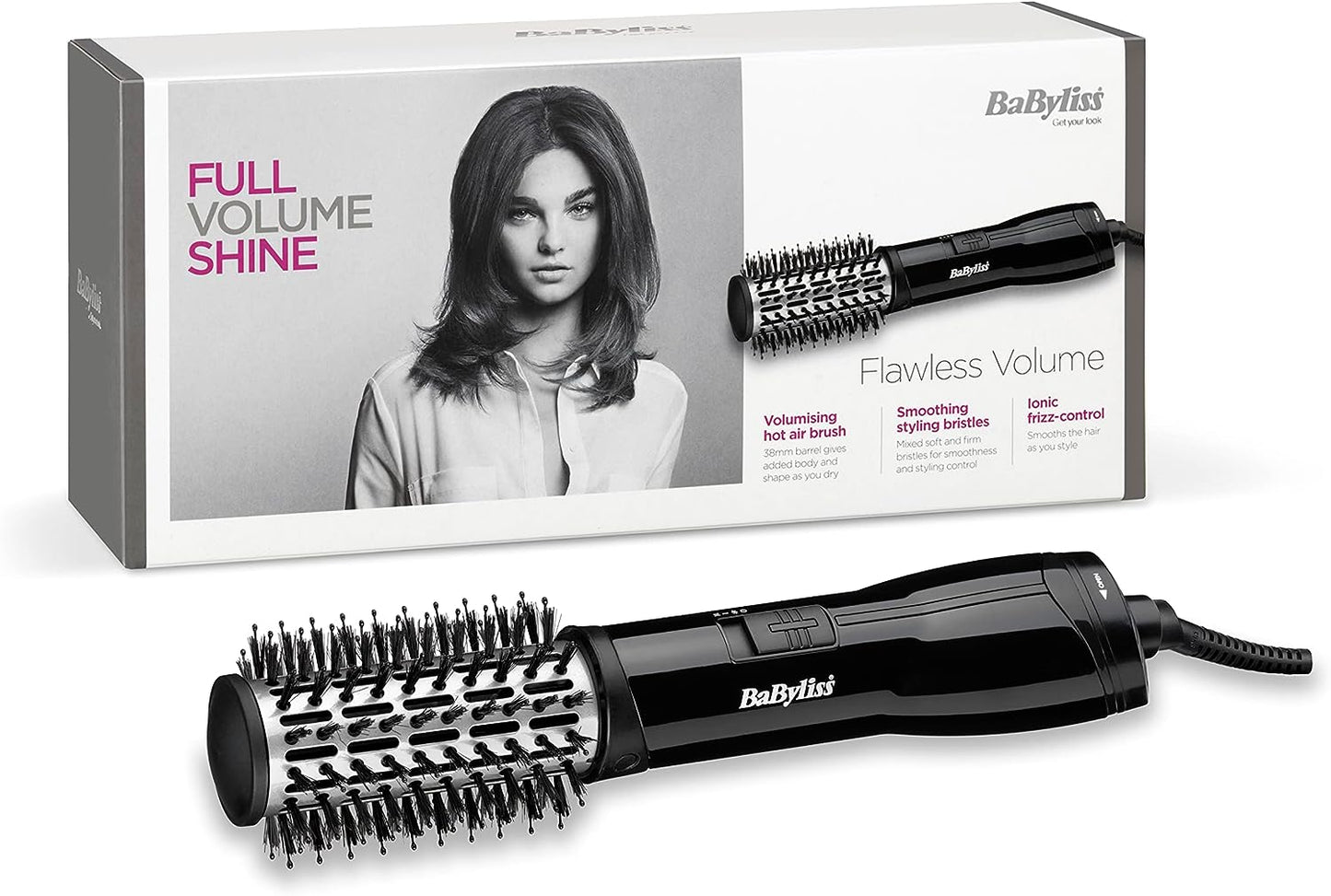 BaByliss Flawless Volume Hot Air Brush, Ionic, Dry and Style, 38mm Titanium-ceramic barrel hair styling