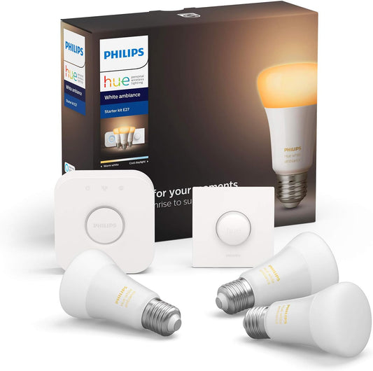 Philips Hue White Starter Kit, Smart Bulb 3 Pack LED (E27) Includes Hue Button and Bridge, Works with Voice Assistant