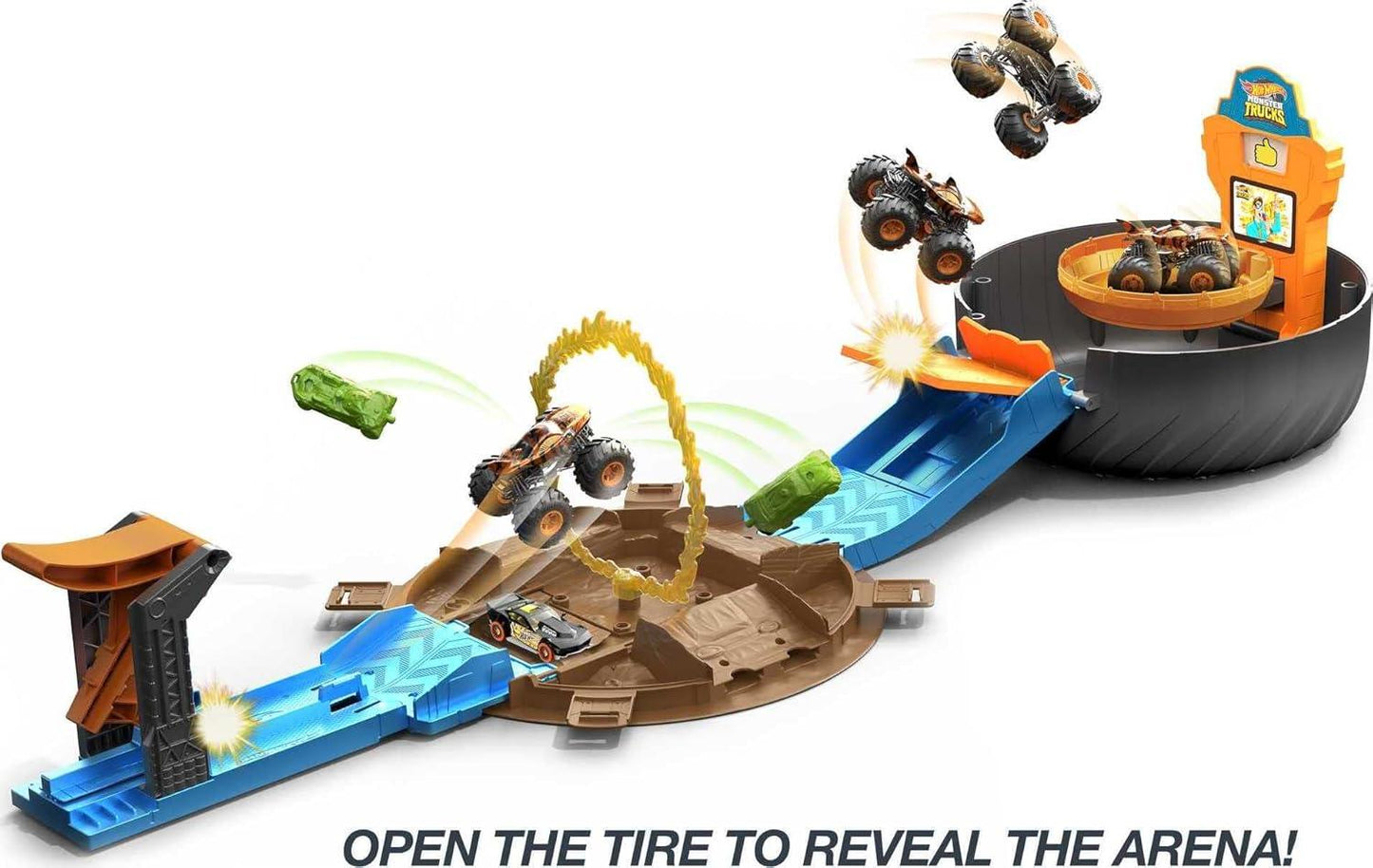 Hot Wheels Monster Trucks Stunt Tire Play Set Opens to Reveal Arena with Launcher