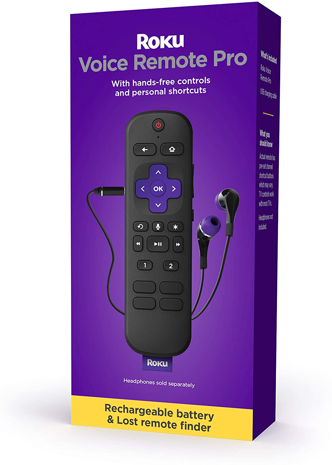 Roku Voice Remote Pro / Roku Remote, Rechargeable voice remote with TV controls, private listening, hands-free