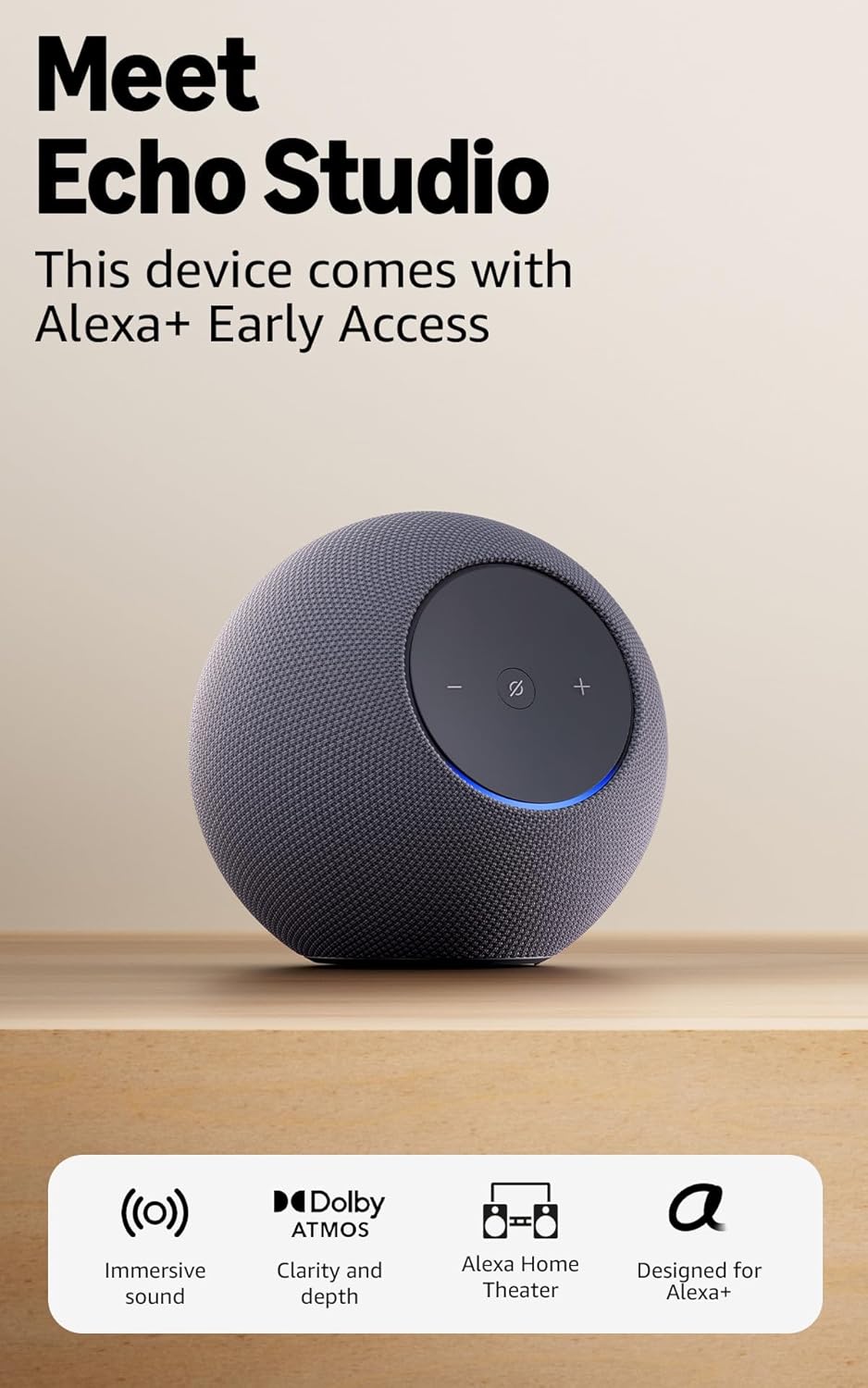 Amazon Echo Studio (newest model), compact design, immersive spatial audio and Dolby Atmos, with Alexa+ Early Access, Graphite