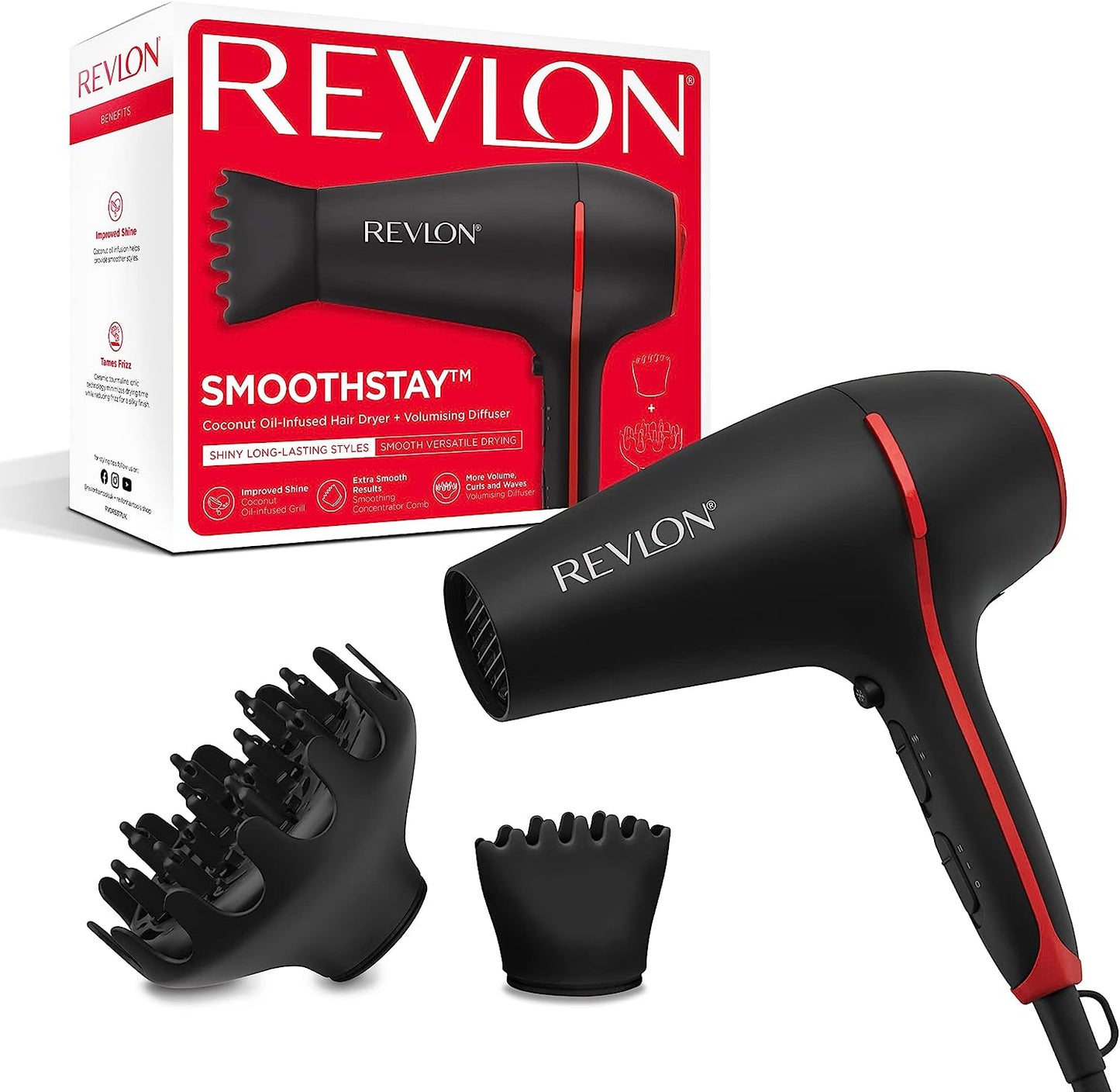 Revlon SmoothStay Coconut Oil Infused Hair Dryer | for Smooth, Shinier Hair