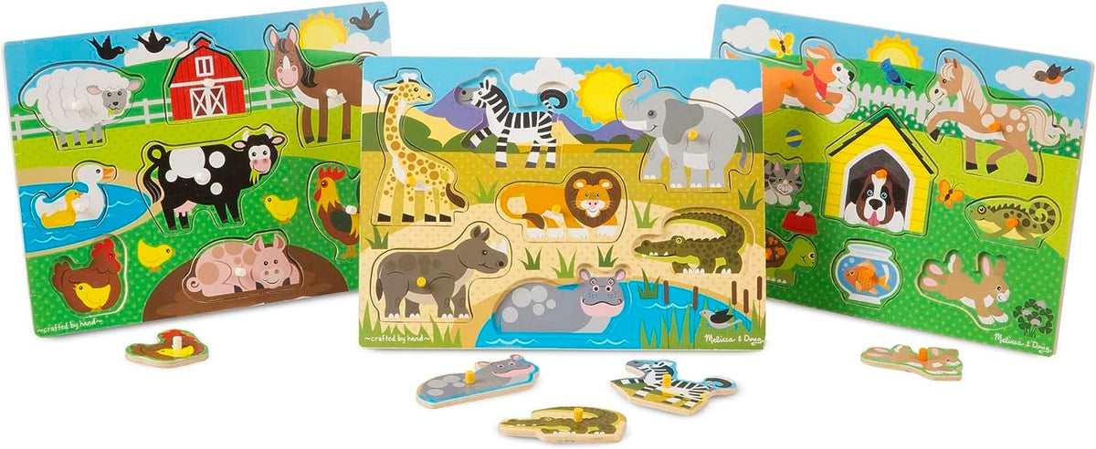Melissa & Doug World of Animals Wooden Peg Puzzles Set - Pets, Farm, and Safari