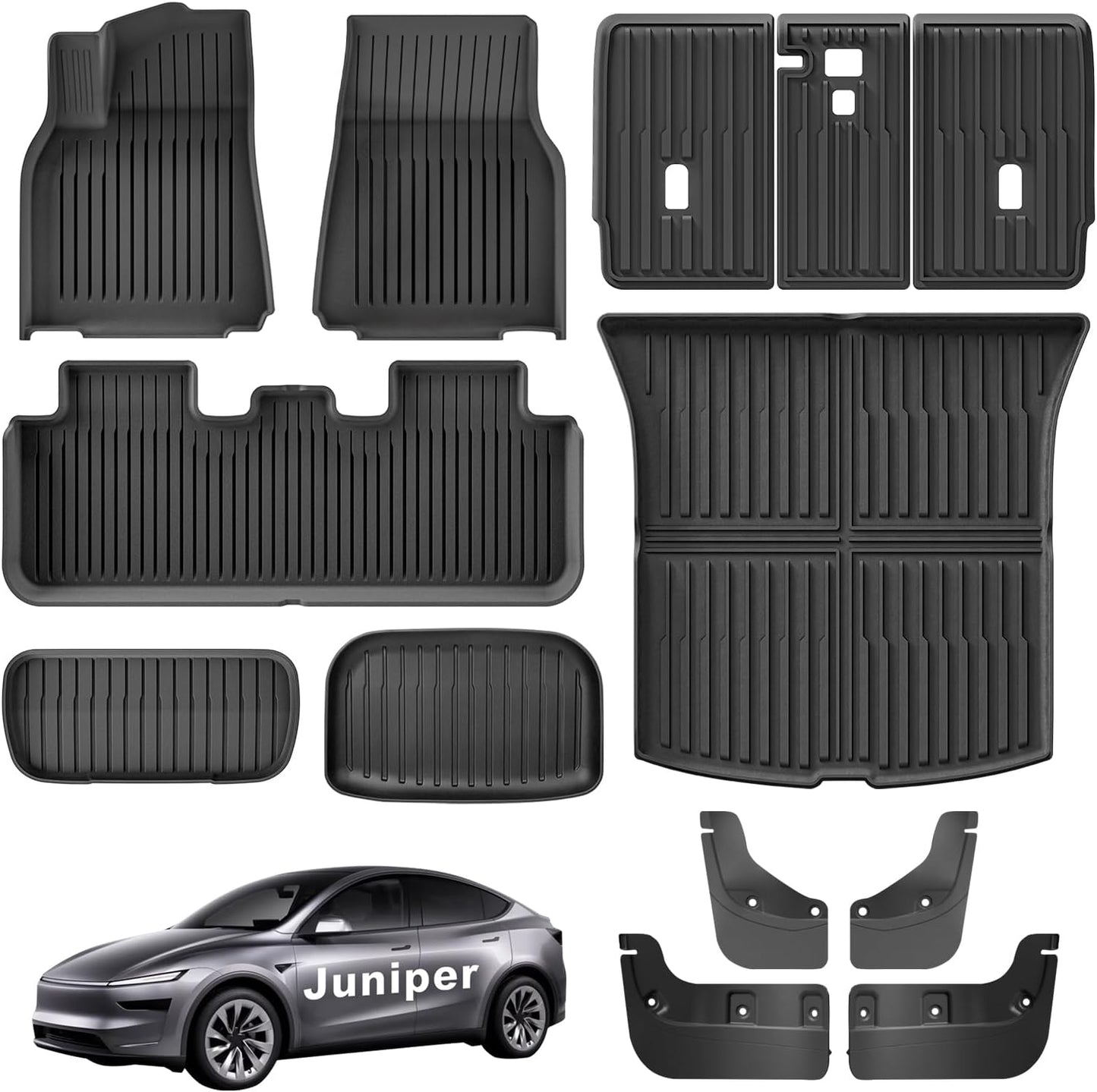 Floor Mats for Tesla Model Y Juniper 2025-2026 All Weather 9Pcs Cargo Liners & 4Pcs Mud Flaps No-Drill Splash Guards