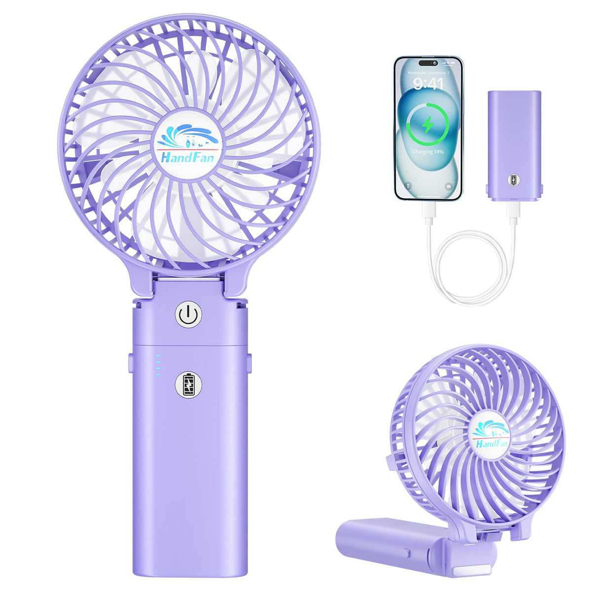 Portable HandFan, powerbank 5200mah, 3 Speed control, Strong Wind, Up to 17 hours 2-in-1 Portable Fan