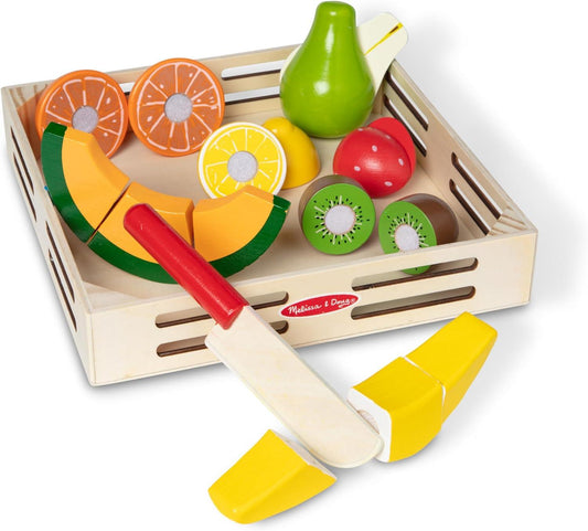 Melissa & Doug Cutting Fruit Set, Wooden Play Food, Attractive Wooden Crate, 17-Piece - Momo Gadgets