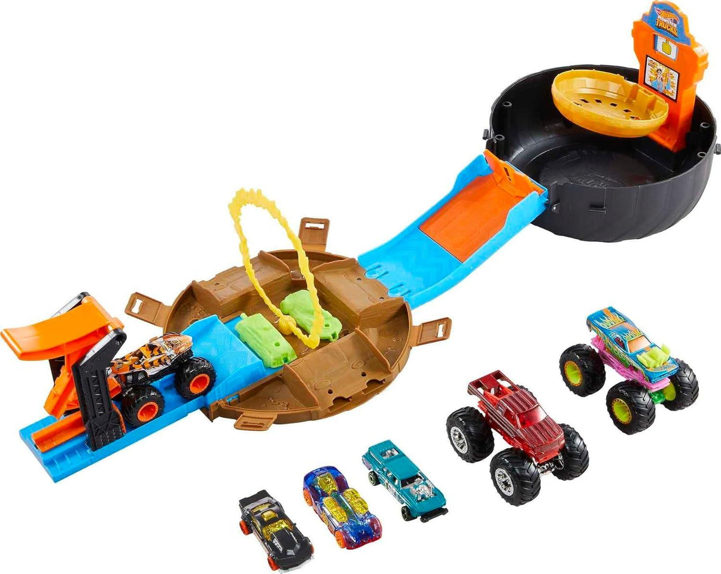 Hot Wheels Monster Trucks Stunt Tire Play Set Opens to Reveal Arena with Launcher