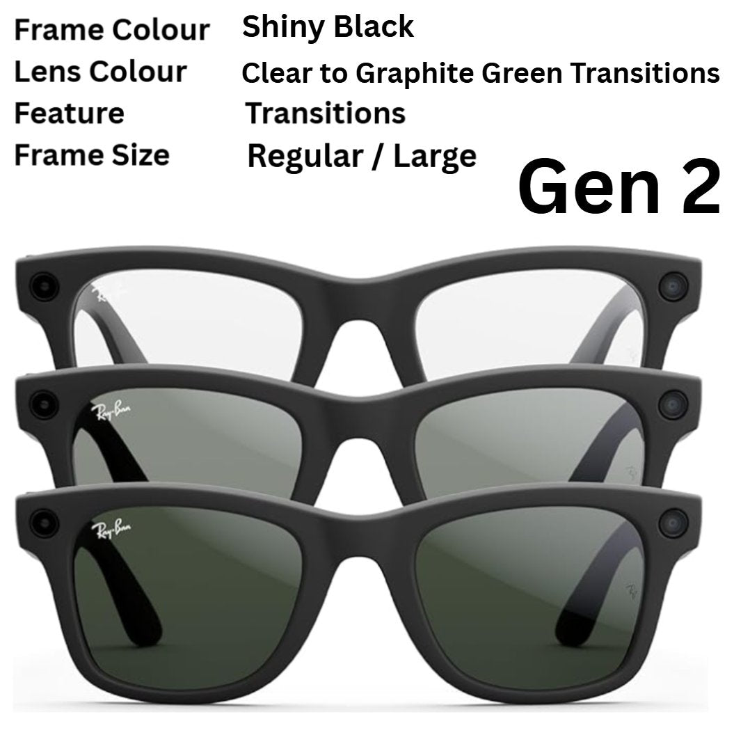 RayBan | Meta Wayfarer Smart Glasses Gen 2 / Gen 1-  Shiny Black / Matte Black / Clear to Graphite Green Transition options (Meta Ray-Ban)