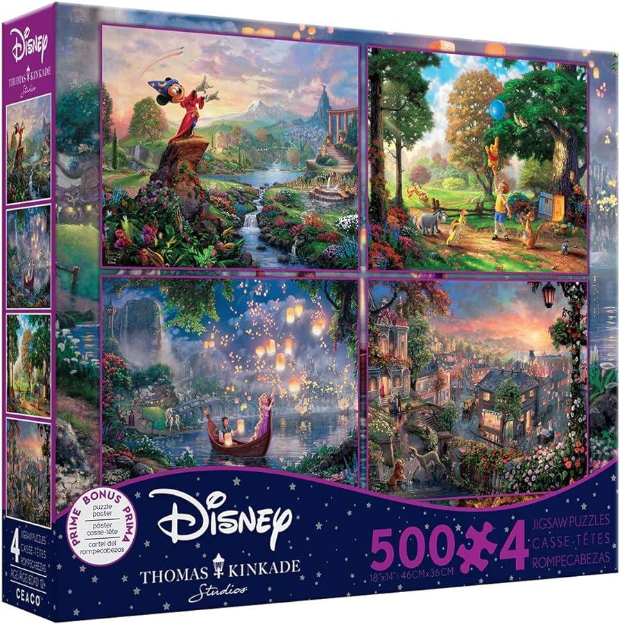 THOMAS KINKADE FANTASIA LADY & THE TRAMP WINNIE THE POOH TANGLED DISNEY DREAMS COLLECTION 4 IN 1 JIGSAW PUZZLE SET 500PC - Momo Gadgets