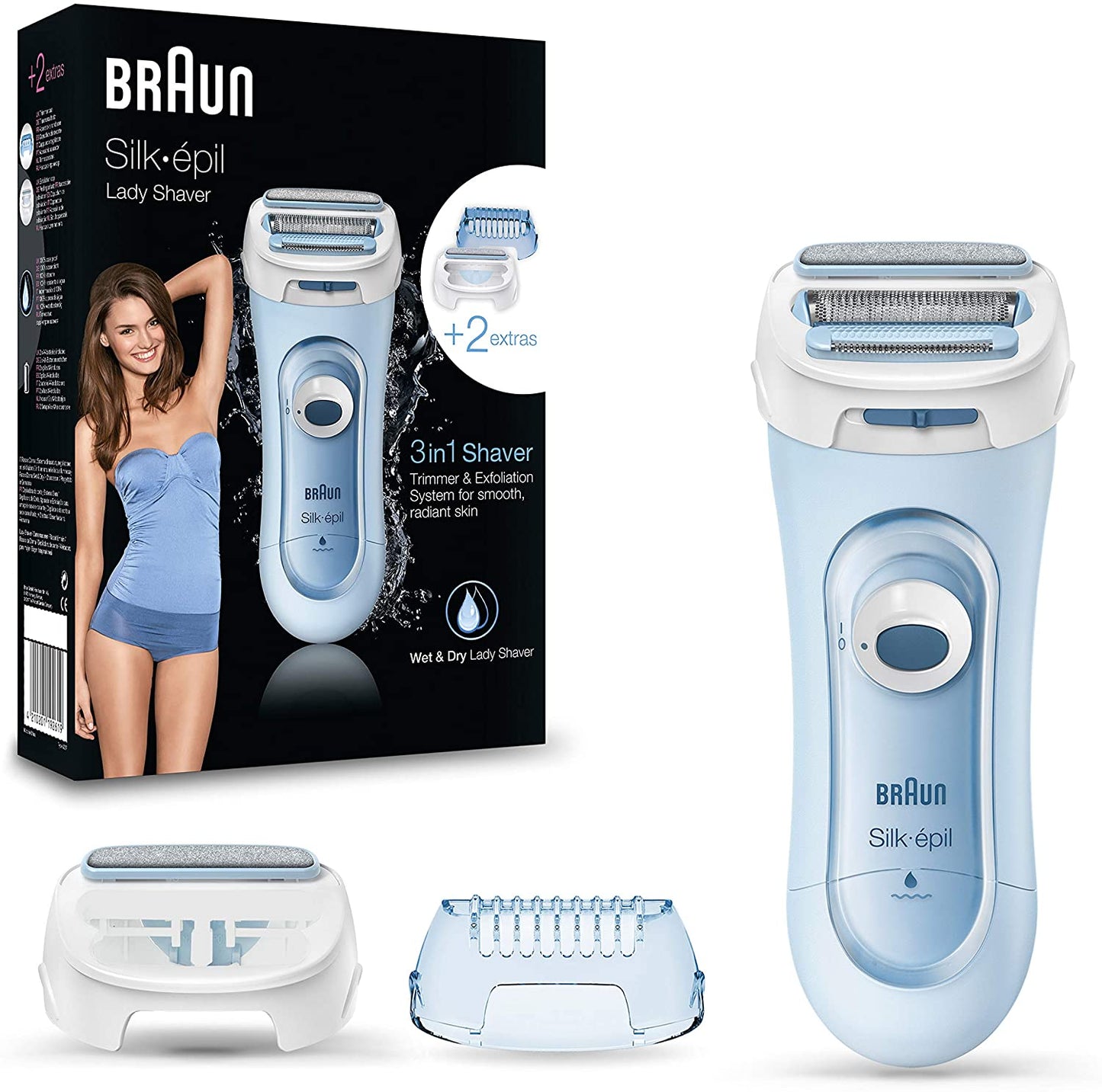 Braun Silk Epil Lady Shaver 5-160, 3-in-1 Wet and Dry Electric Shaver, Trimmer and Exfoliation System with 2 Extras