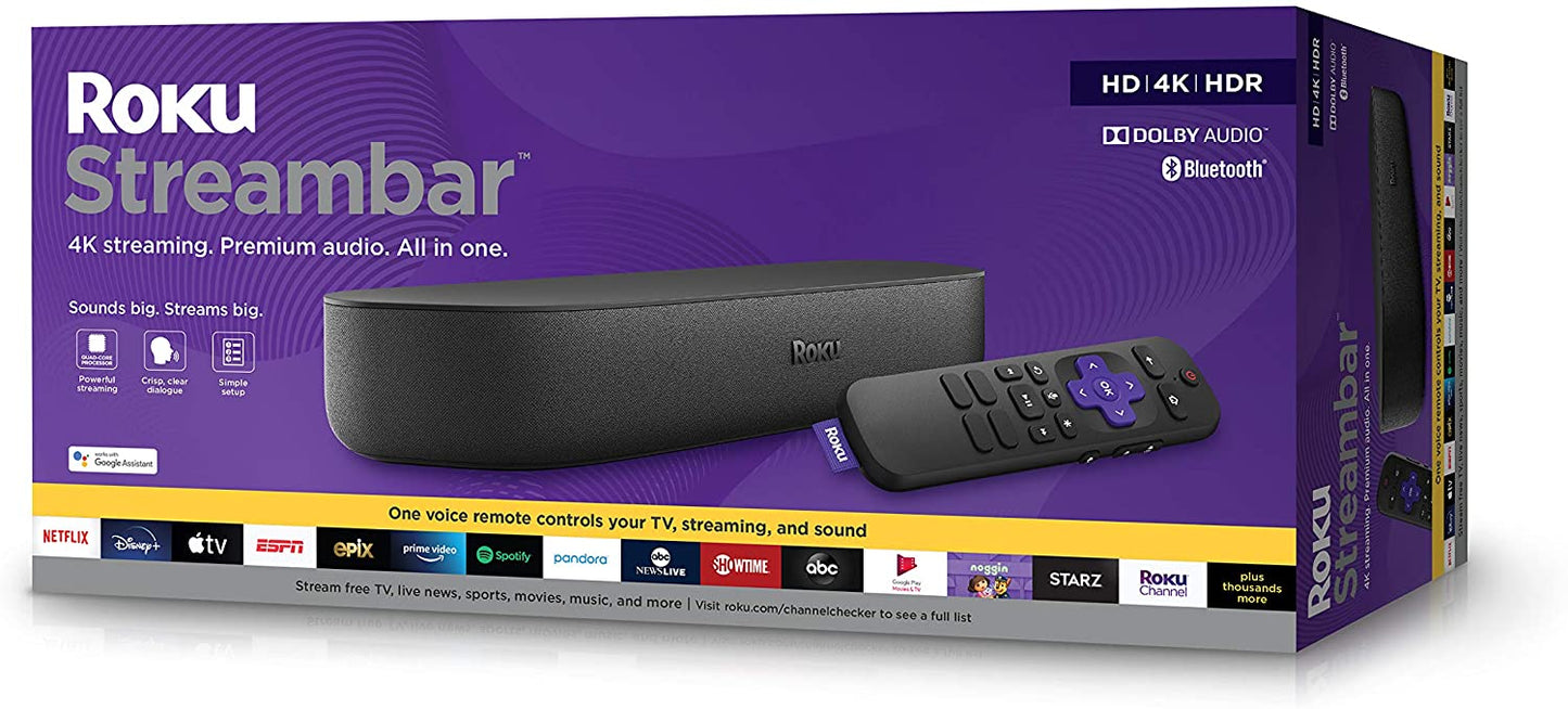 Roku Streambar 4K/HD/HDR Streaming Media Player & Premium Audio, All In One, Includes Roku Voice Remote