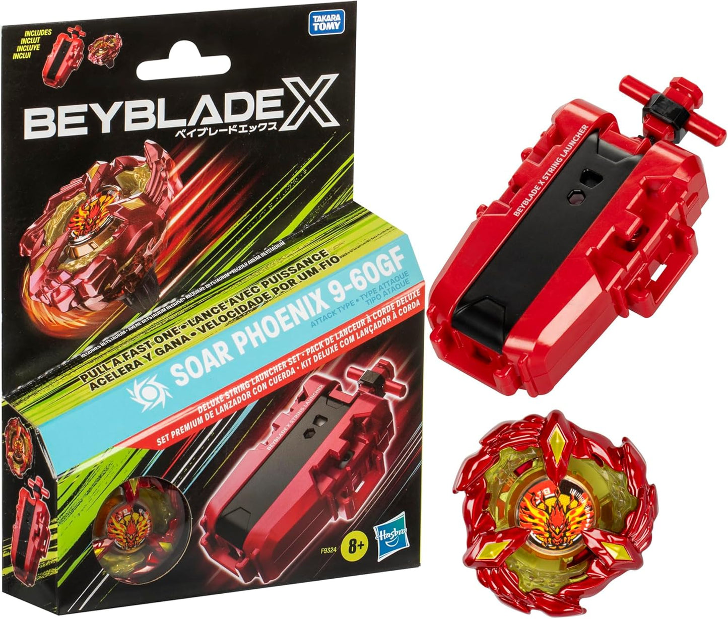 Beyblade X Soar Phoenix 9-60GF / Dranzer Spiral 3-80T / Transformers Collab 4-60P VS 4-80B / Rudder Phoenix 4-70LF / Cobalt Dragoon 2-60C Deluxe String Launcher Set