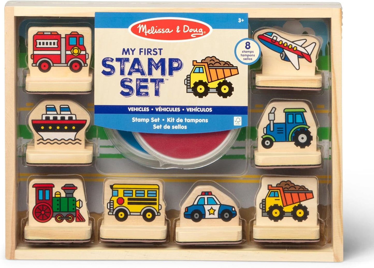 Melissa and Doug My First Wooden Stamp Set-Farm Animals/Vehicles-Kids Art Projects, Stamps With Washable Ink for Kids Ages 4+