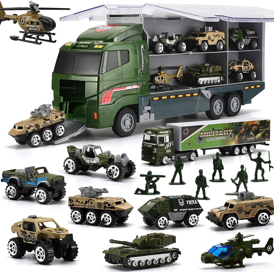 26 Pcs Military Truck with Soldier Men Set(2 in 1), Mini Die-cast Battle Car in Carrier Truck
