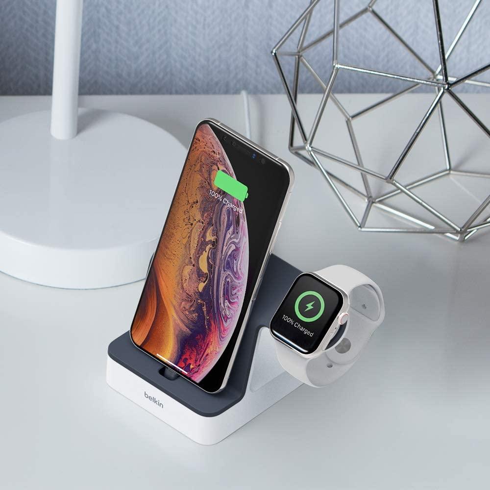 Belkin iPhone Charging Dock + Apple Watch Charging Stand (Powerhouse iPhone Charging Station) iPhone Dock, Apple Charging Station (White) - Momo Gadgets